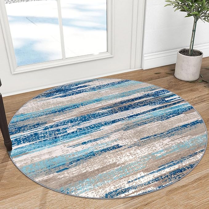 Modern Abstract Round Rug 3Ft, Circular Entryway Rugs Thin Print Faux Wool by lansny