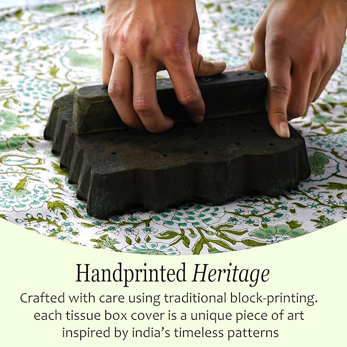 CPC Agate Green Hand Block Printed Cotton Tissue Box Cover 5" x 5" x 5.5" - Image 6