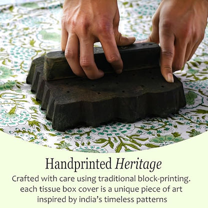 CPC Agate Green Hand Block Printed Cotton Tissue Box Cover 5" x 5" x 5.5" - Image 6