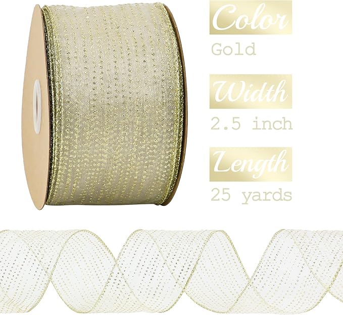 MEEDEE Glitter Gold Wired Ribbon 2.5 Inch Horizontal Stripes Glitter Polka Dot - Image 2