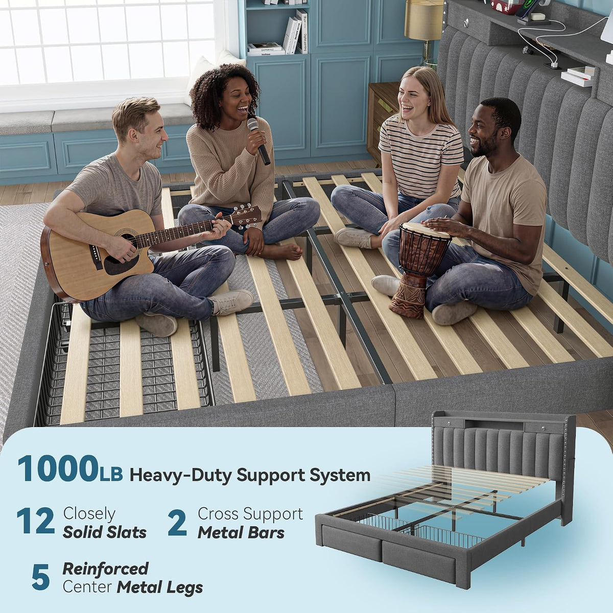 queen bed frame with 2-tier storage headboard and on a desk or shelf