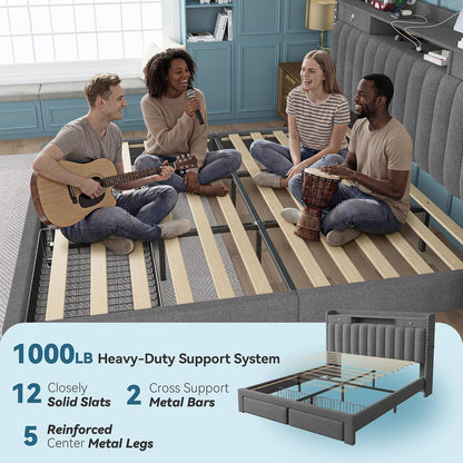 queen bed frame with 2-tier storage headboard and on a desk or shelf