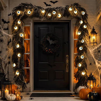 9FT Black Halloween Garland with Eyeball String Light Spider Cotton Spiders