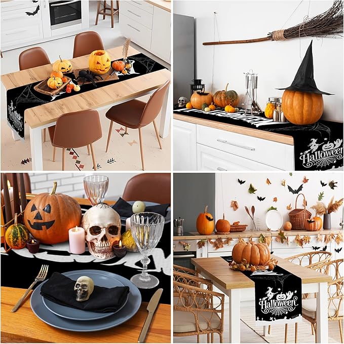 Happy Halloween Table Runner Black Spider Web Witch Pumpkin Kitchen Dining - Image 5