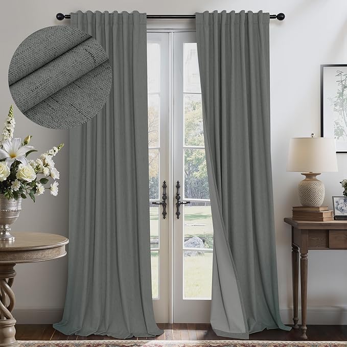 Grey Blackout Curtains for Bedroom 84 Inch Length 2 Panel Linen Textured by Pitalk