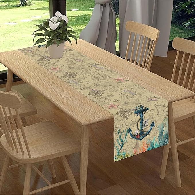 Nautical Anchor Table Runner, Retro Coastal Treasure Map Coral Plant Starfish - Image 2