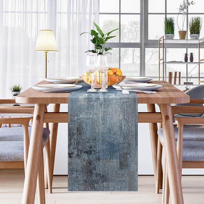 Emvency Farmhouse Style Table Runner, Abstract Art Painting Denim Blue Dining - Image 4