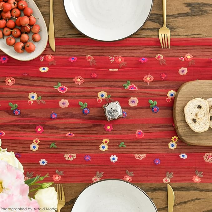 Artoid Mode Red Embroidery Daisy Gauze Table Runner 120 Inch 10FT, Seasonal - Image 4