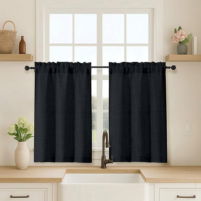OVZME 2 Panels Black Cafe Curtains 36 Inch Length, Thick Textured Small Kitchen by OVZME