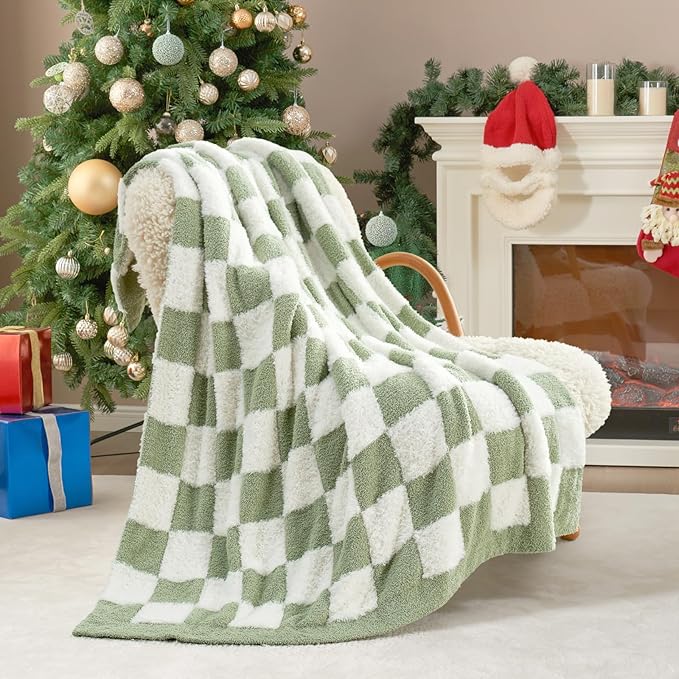 Snuggle Sac Sage Green Checkered Throw Blanket Faux Fur Knitted by SnuggleSac
