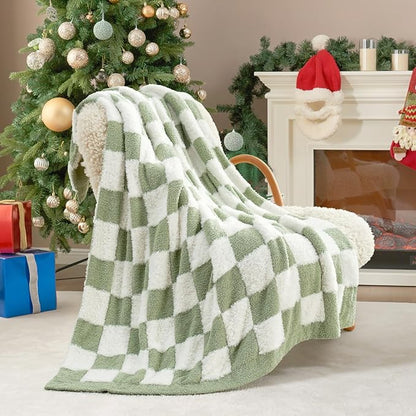 Snuggle Sac Sage Green Checkered Throw Blanket Faux Fur Knitted by SnuggleSac