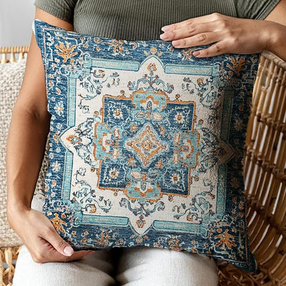 Bohemian Pillow Covers | Vintage Floral & Carpet Design | Double Sided Blue - Image 5