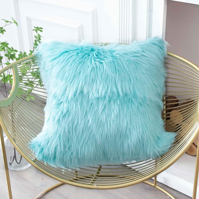 LIGICKY Set of 2 Turquoise Fluffy Pillows Luxury Series Soft Teal Faux Fur - Image 2
