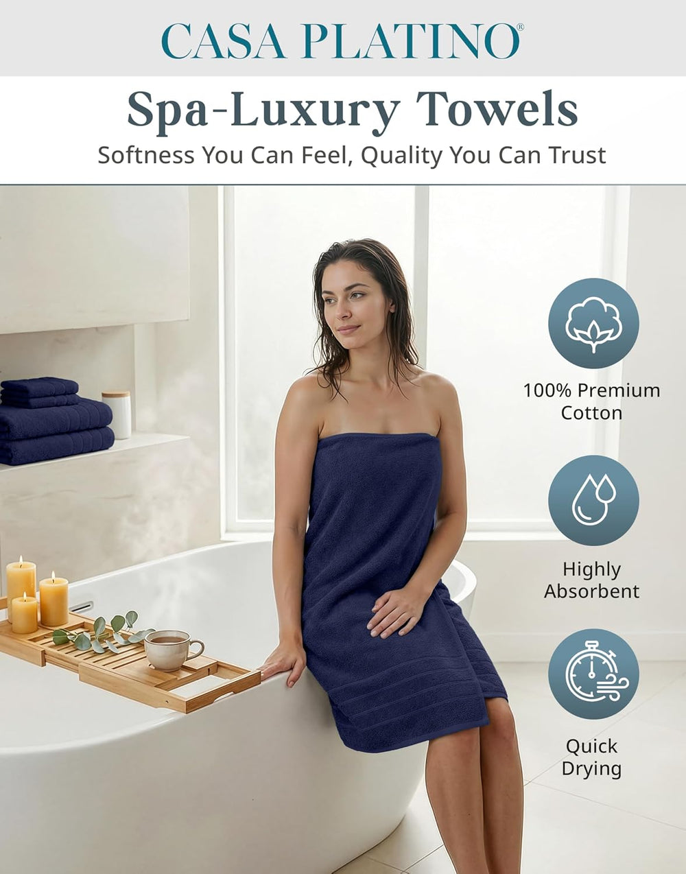 Casa Platino Bathroom Towel Set 12 Piece Soft Absorbent Quick Dry - Navy