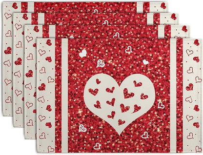 Valentine Hearts Placemats Set of 4, 12x18 Inch Red White Love Heart Linen by Wnoesat