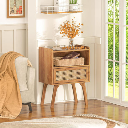 lerliuo rattan nightstand, side table with drawer open on a desk or shelf