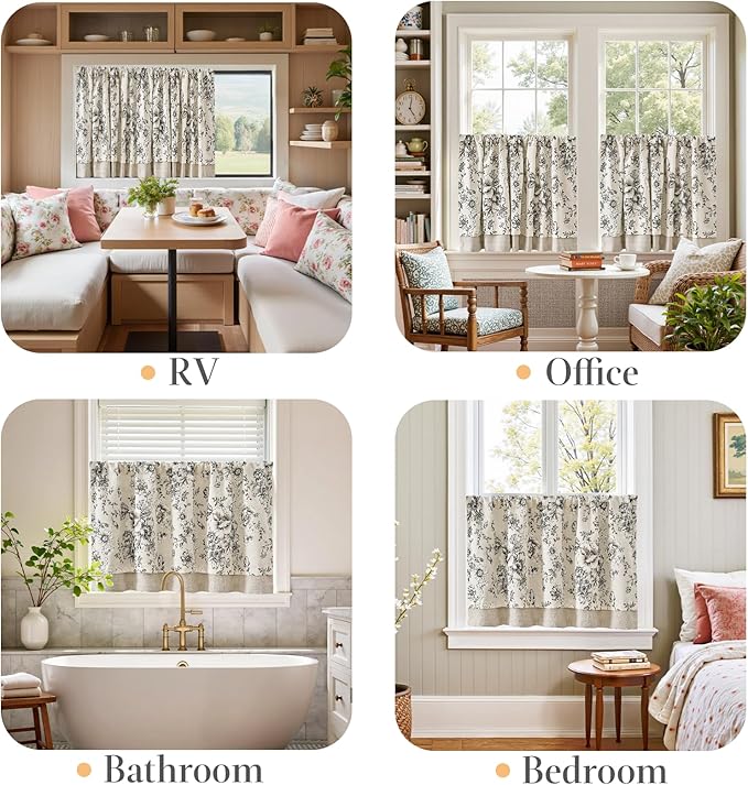 jinchan Linen Kitchen Curtain 24 Inch French Floral Double Layer Curtain - Image 4
