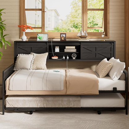 homieasy farmhouse twin daybed with pop-up trundle, black, main product view