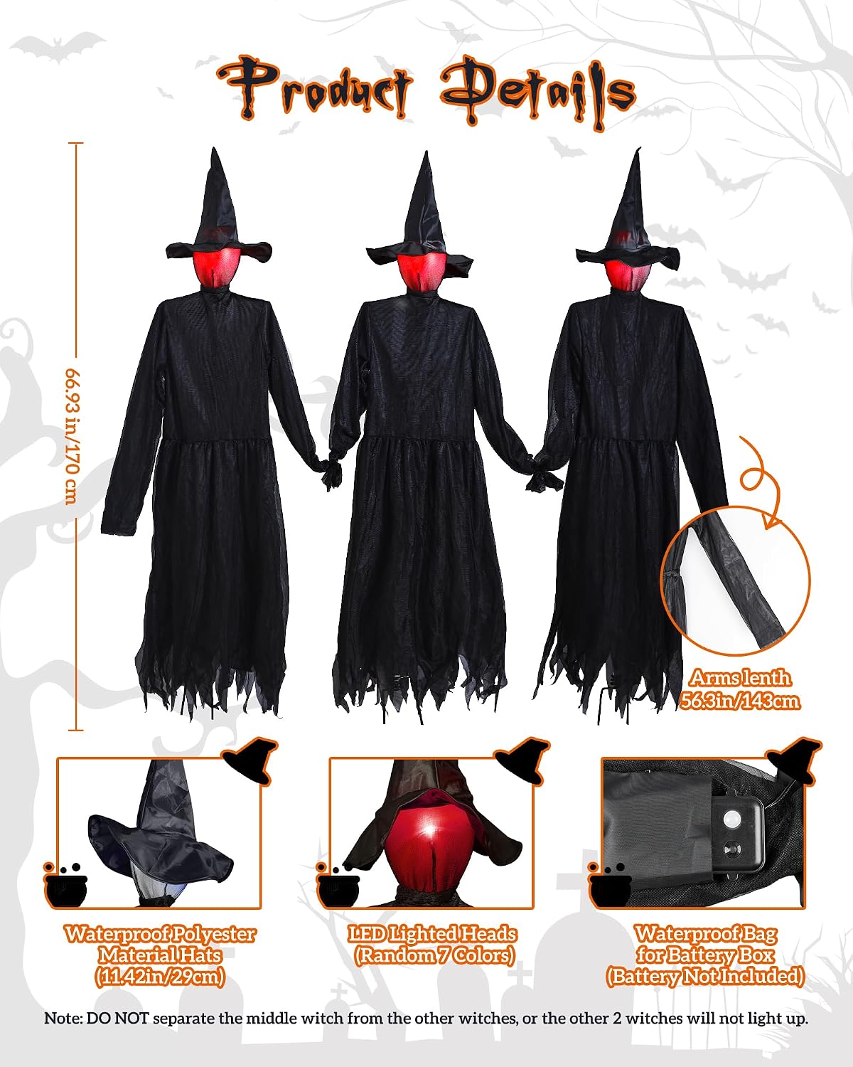 3PCS 5.6FT Halloween Decorations Outdoor Decor Witches Yard Holding Hands
