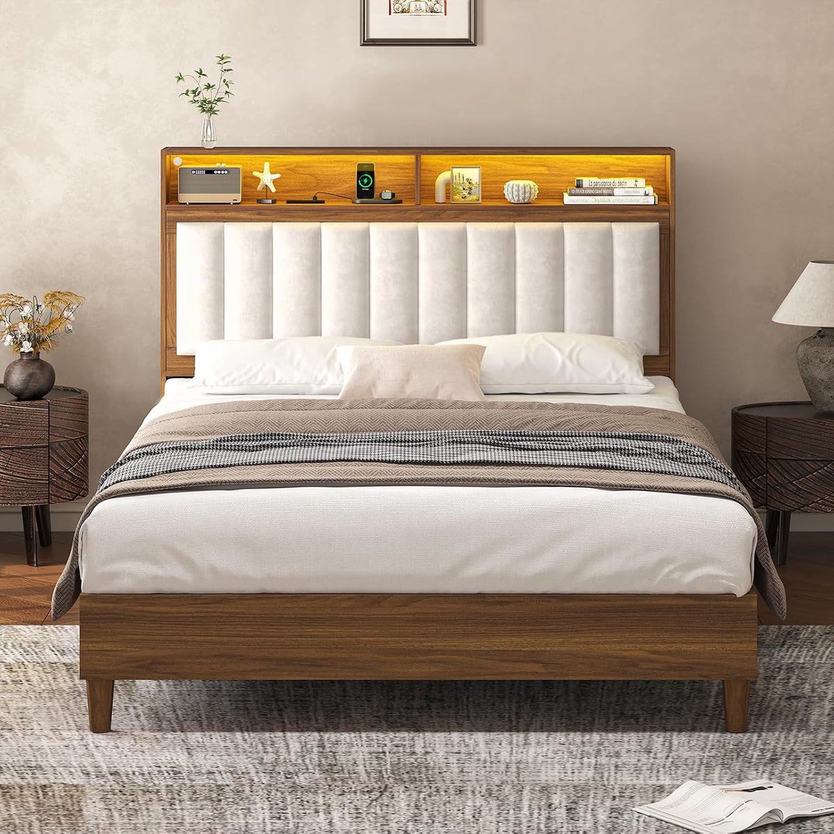 cszzd wood bed frame full size with charging, main product view