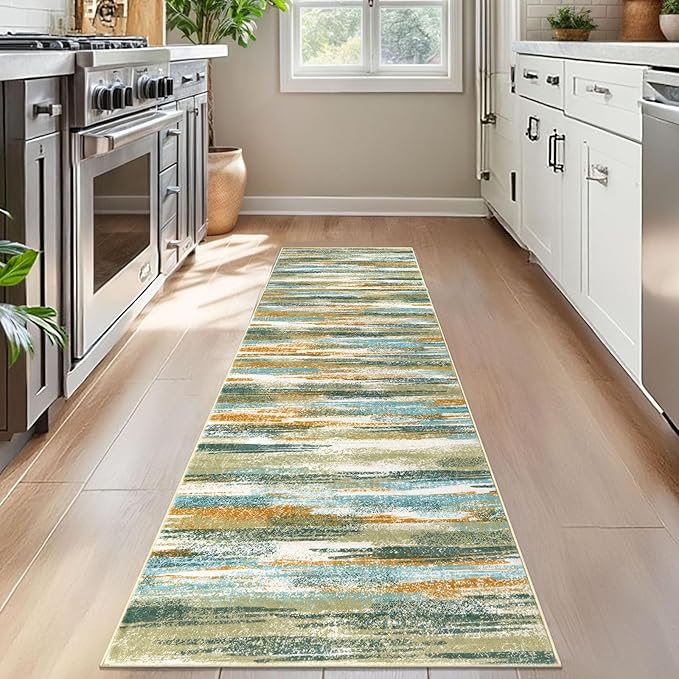 Modern Abstract Bedroom Runner Rug 2x7, Non-Slip Soft Thin Faux Wool Mat - Image 2