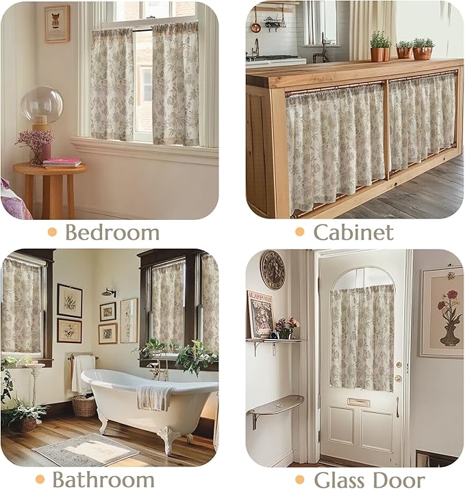 jinchan Floral Linen Tier Curtains 24 Inch Farmhouse Cafe Curtains Rod Pocket - Image 4