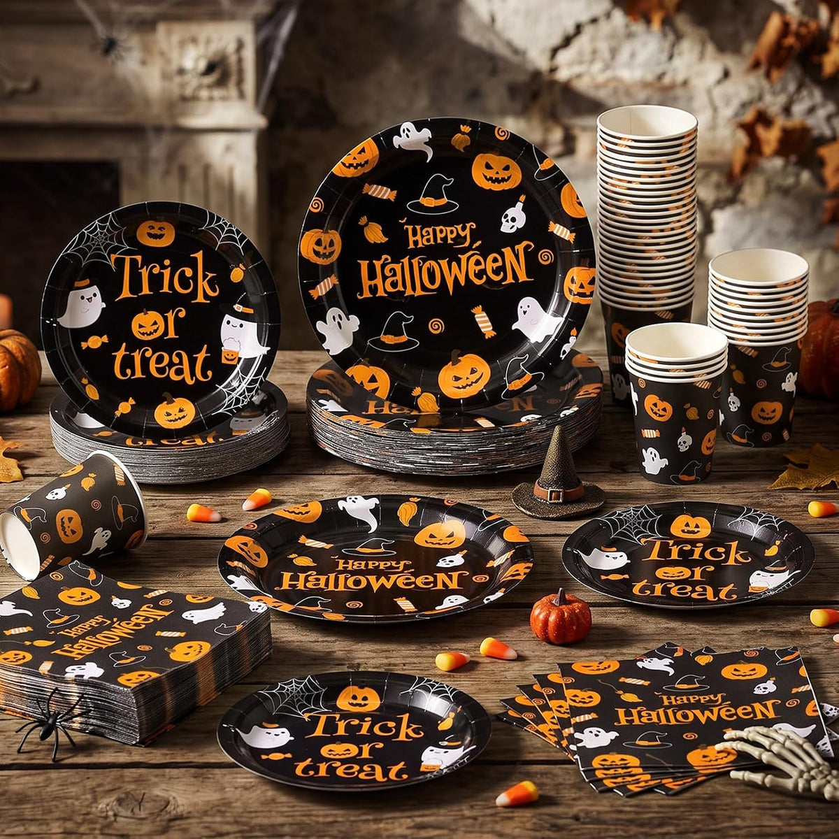250 Pcs Halloween Party Supplies, Paper Plates Napkins and Cups, Black