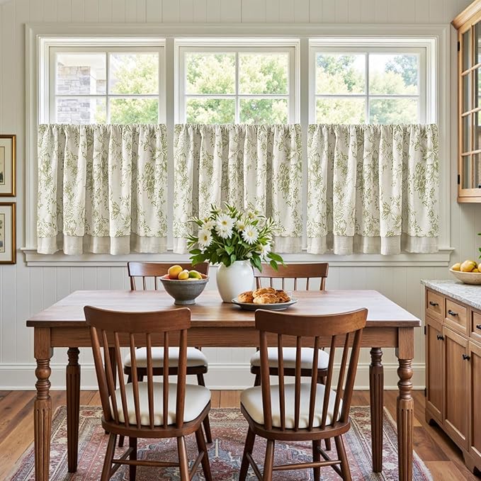 jinchan Linen Kitchen Curtain 24 Inch French Floral Double Layer Curtain - Image 3