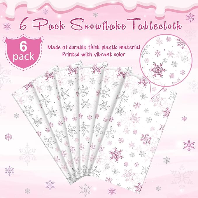 6 Pcs Christmas Snowflake Party Tablecloths Decorations, Plastic Pink Winter - Image 4