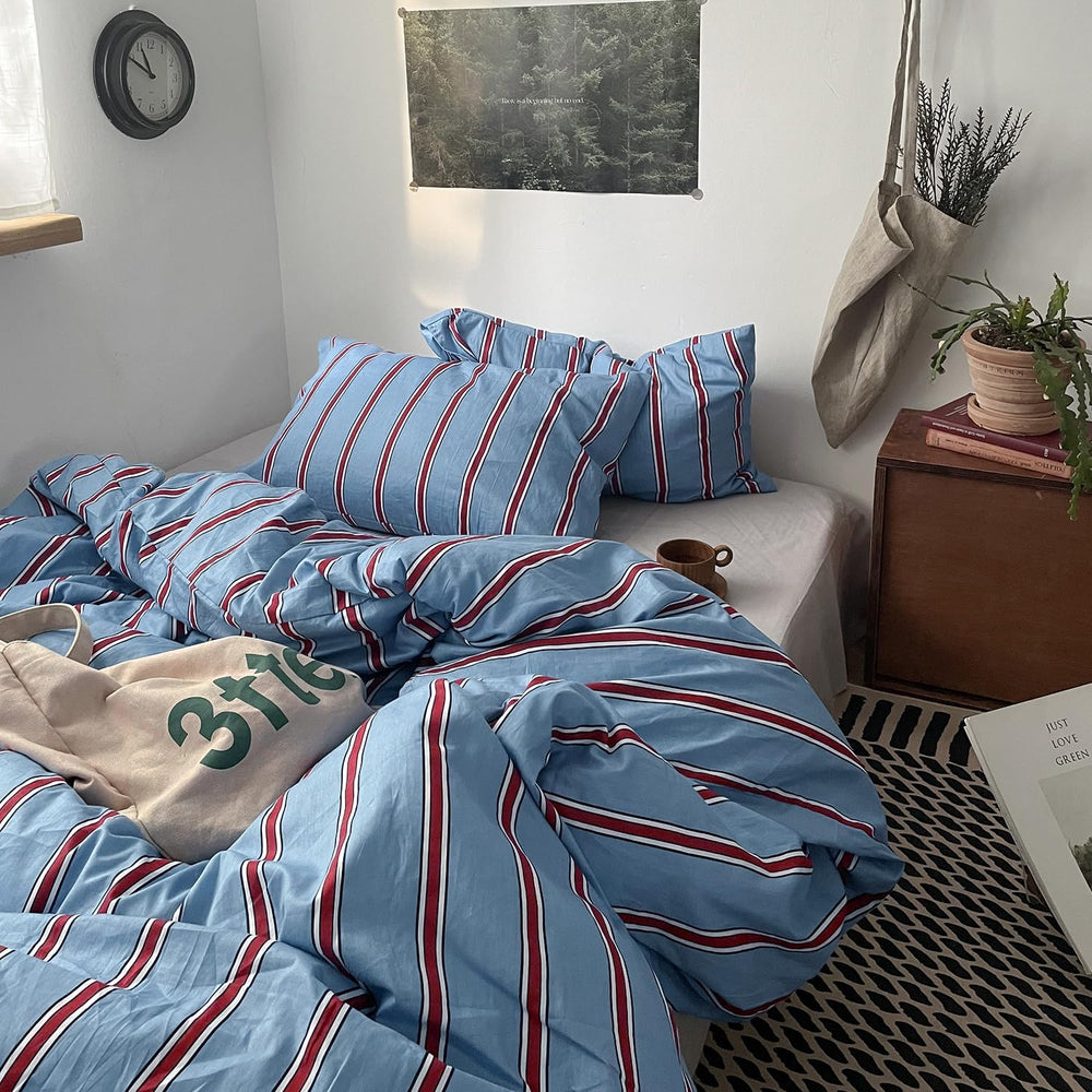 mixinni Vintage Striped Blue Duvet Cover Full - 100% Cotton Red Stripes 3-Pie...