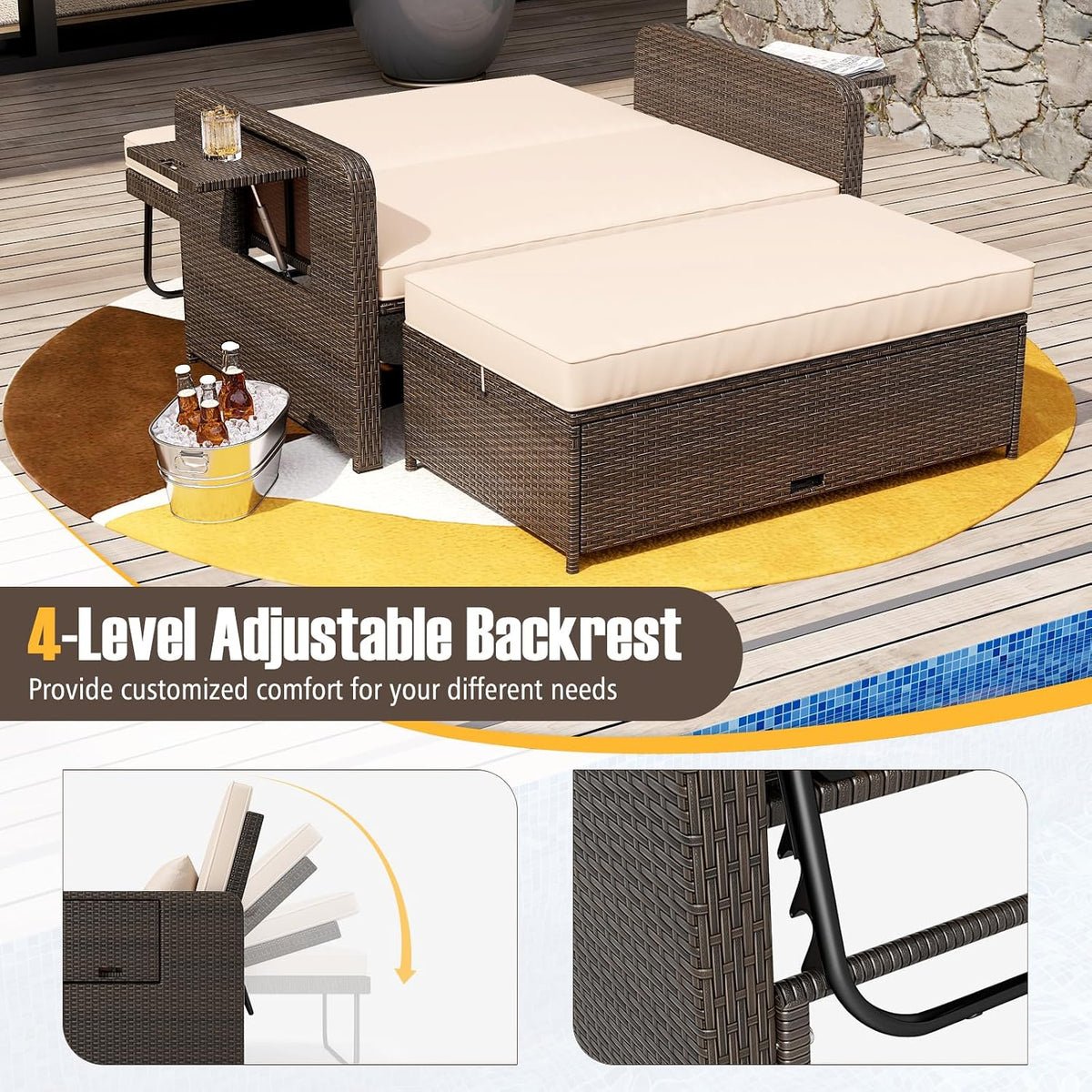 ldaily moccha outdoor daybed, wicker loveseat sofa set showing dimensions