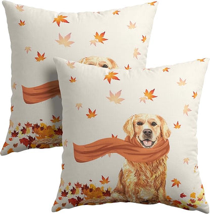 Golden Retriever Dog Fall Throw Pillow Cover Autumn Maple Leaves Farmhouse by Granbey