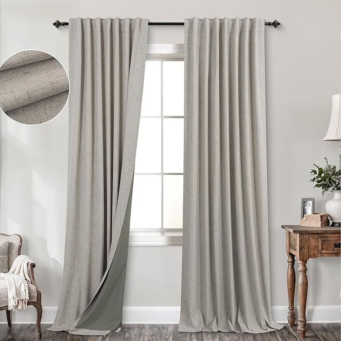 KOUFALL 94 Inch Long Blackout Curtains, Boho Taupe Linen Black Out Pleated by KOUFALL