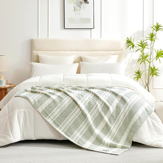 Snuggle Sac Stripe Sage Green Blanket Twin Size, Reversible Super Soft Warm Bed - Image 2