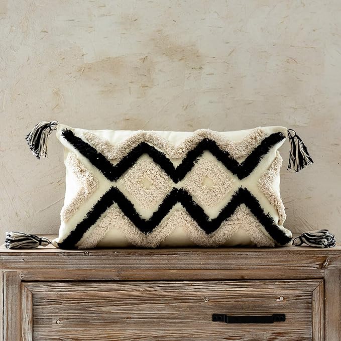 Woven Tufted Boho Lumbar Throw Pillow Cover, Modern Decorative Geometric by Snugtown