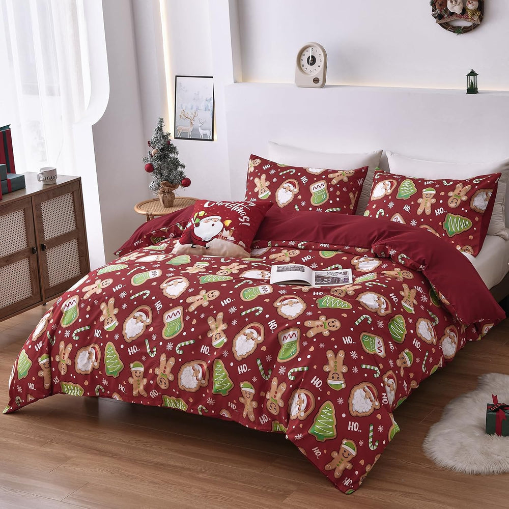 Luxudecor Christmas Duvet Cover Set Queen Size 3 Pieces,Red Christmas Duvet C...