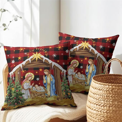 Jesus Nativity Throw Pillow Cover 16x16 Inch Set of 2 Xmas Red Buffalo Plaid - Image 5