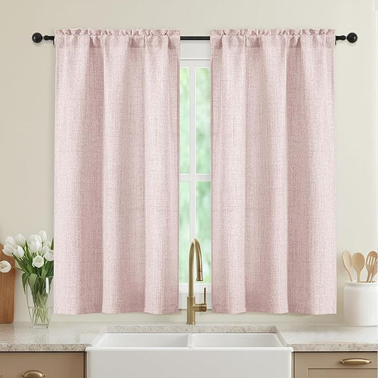 Blush Pink Kitchen Curtains 45 Inch Length 2 Panels, Light Filtering Faux Linen by WelvetBLK