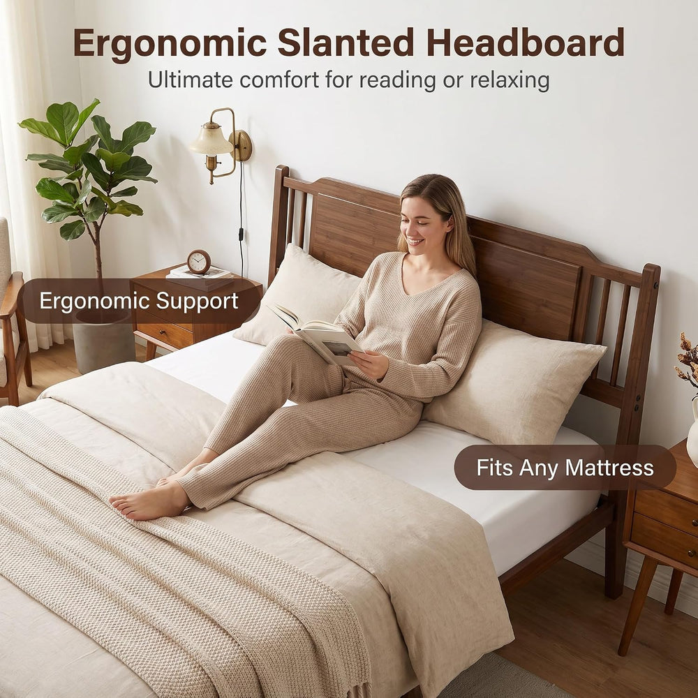 Twin XL 14" Solid Bamboo Wood Bed Frames with Headboard, Brown