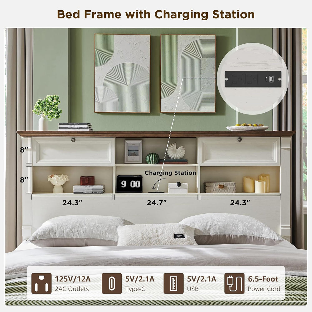 Farmhouse King Size Bed Frame with 2 Drawers & 4 Bookcases On The Headboard