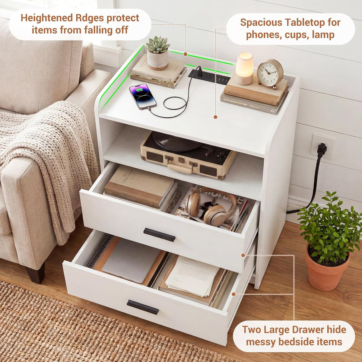 aheaplus nightstands set of 2, bedside table with showing dimensions