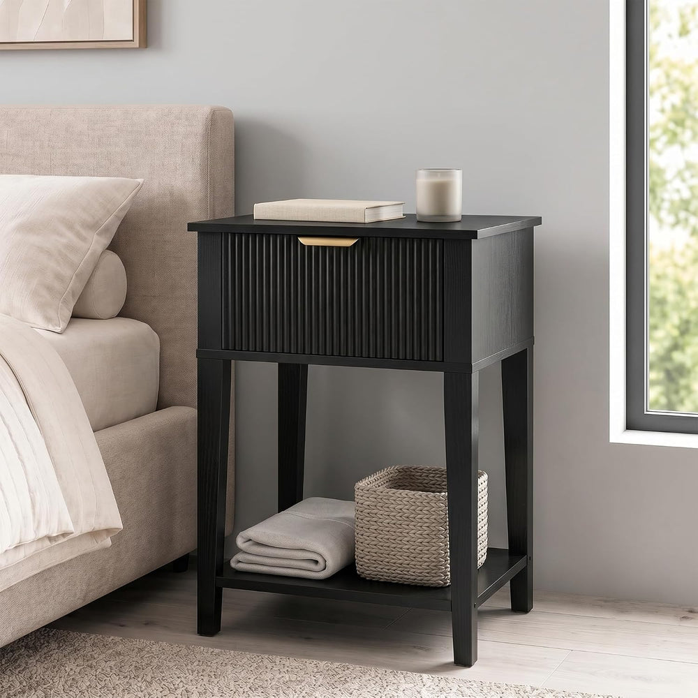 Black 15.4" Wide Small Nightstand with Drawer,Open Shelf,Fluted