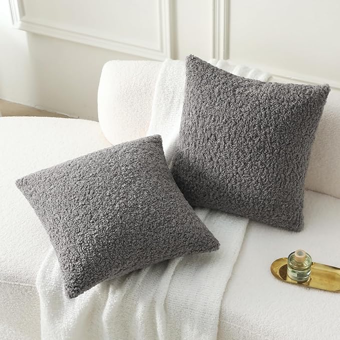 FUTEI Dark Grey Throw Pillow Covers 22x22 Inch Set of 2, Furry Faux Fur Teddy - Image 5