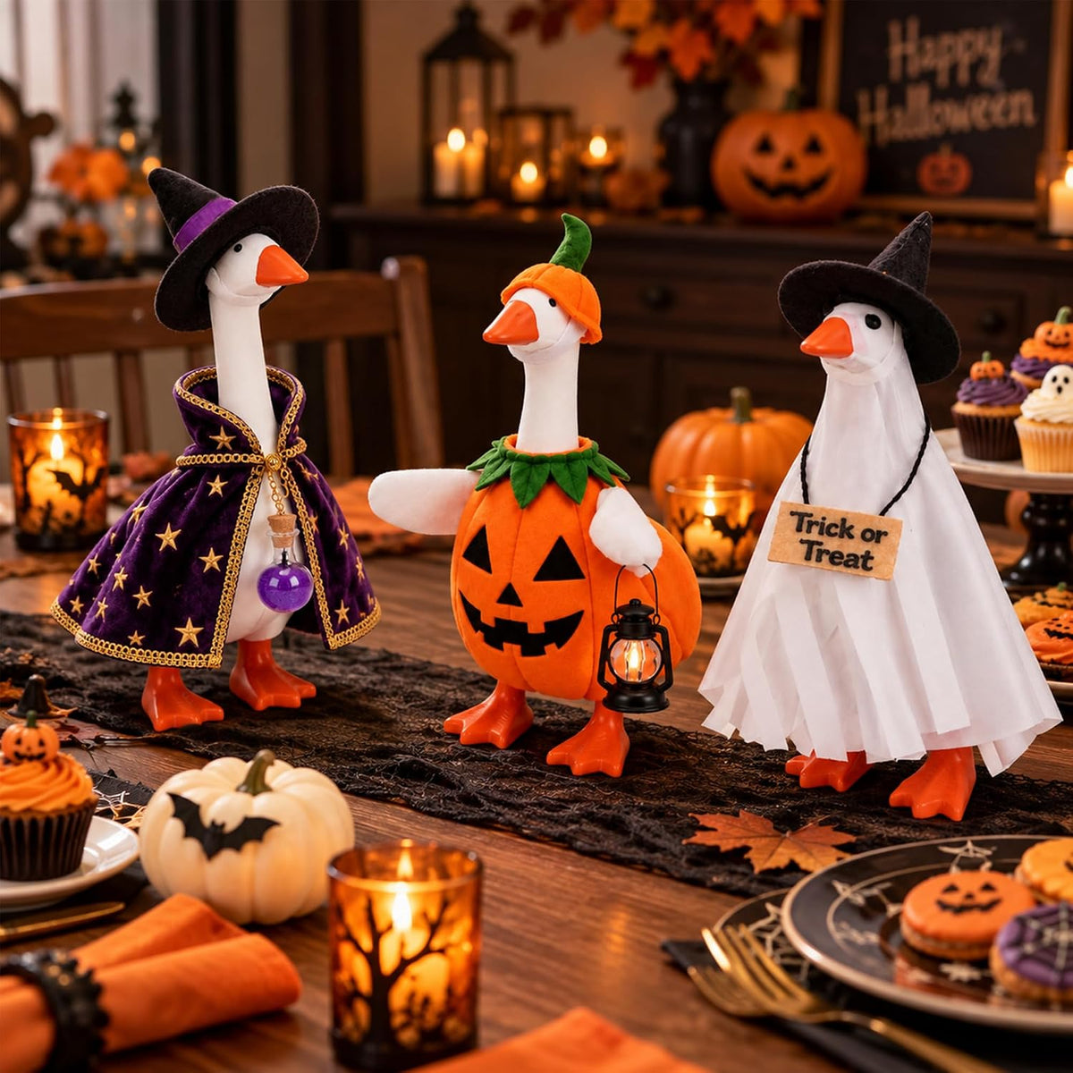 7 Inch Mini Desk Goose Statue with 6 Sets Halloween Outfits