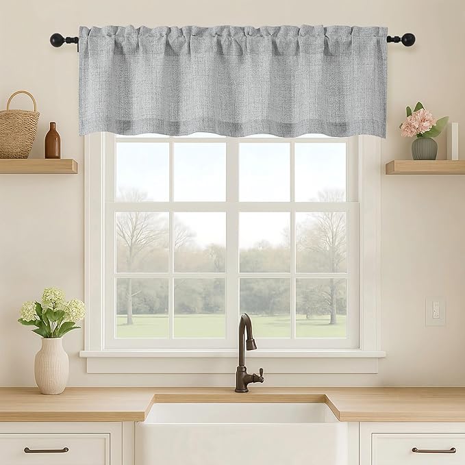 OVZME Grey Valance for Windows, Light Filtering Faux Linen Textured Small Short by OVZME
