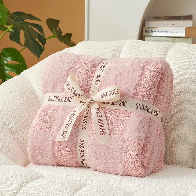 Snuggle Sac Checkered Throw Blanket, Fluffy Faux Fur Knitted - Image 6