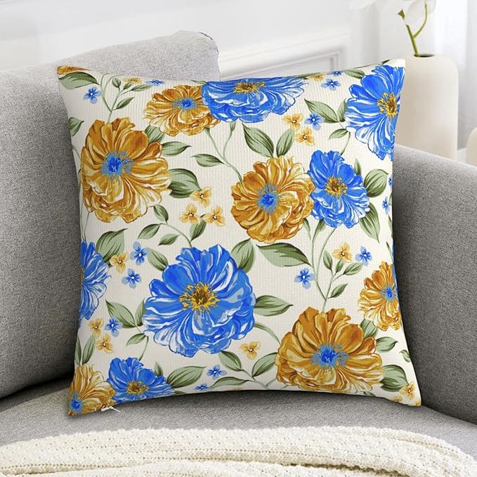 Blue and Yellow Floral Throw Pillow Covers 18x18 Inch Set of 2, Decorative Blue - Image 3