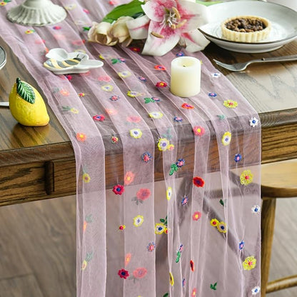 Artoid Mode Pink Embroidery Daisy Gauze Table Runner 120 Inch 10FT, Seasonal by ArtoidMode