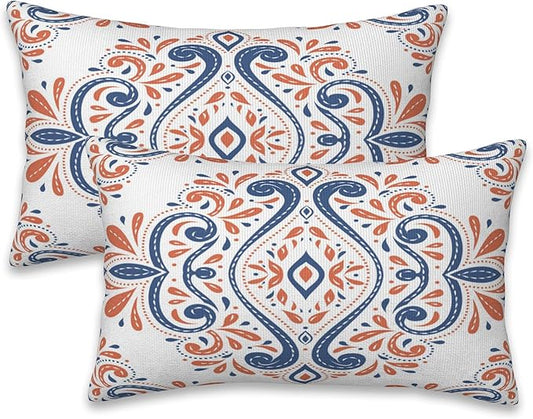 Throw Pillow Covers Blue and Orange Floral Pillow Covers 20x12 Inch Set of 2 by Naqiuli
