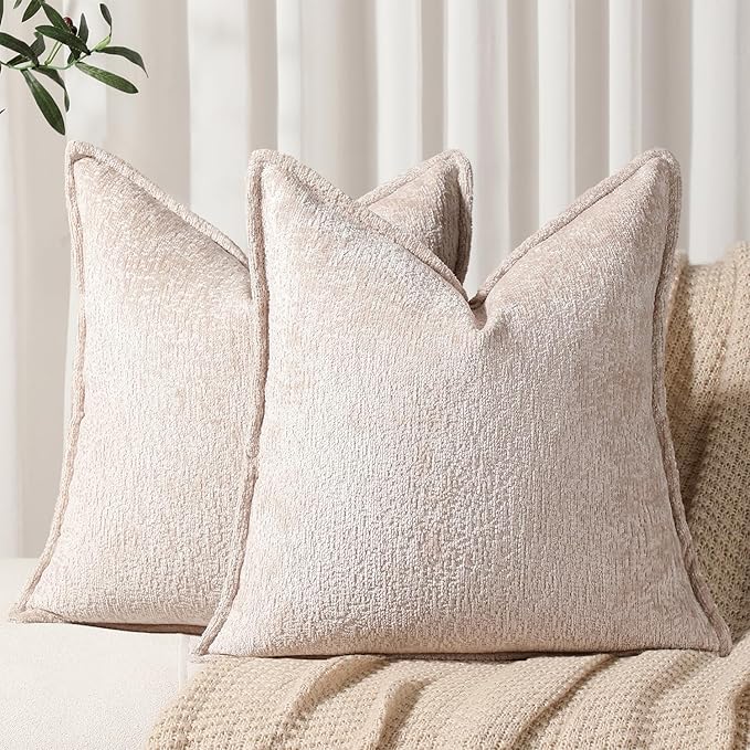Pack of 2 Tan Decorative Throw Pillow Covers 16x16 Cozy Soft Chenille Accent by DEZENE